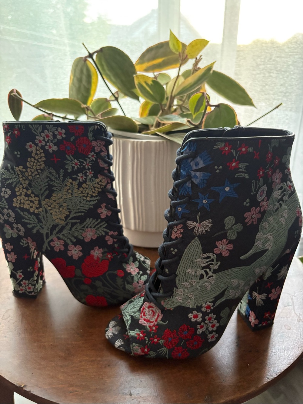 Steve Madden Black Floral Lace-Up Ankle Boots